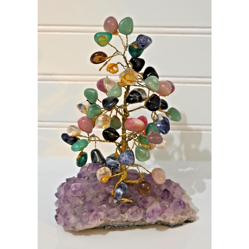 Amethyst Gemstone Tree on Quartz Crystal Base Wire Bonsai Feng Shui 8" Decor